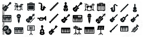 Music and instruments solid icons set – flat, filled, band and concert graphics