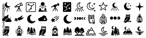 Astronomy and nature icons set – solid, silhouette, celestial symbols collection