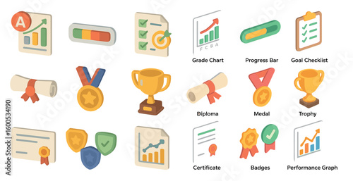 Business and achievement icons set – isometric, awards, success symbols