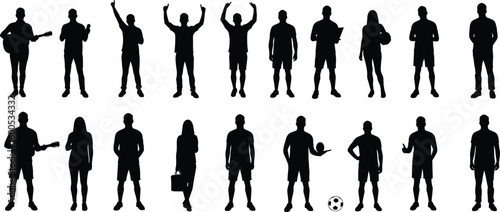  Silhouette vector pack of people in diverse poses, walking, playing guitar, soccer, celebrating, casual gestures, standing, creative design elements