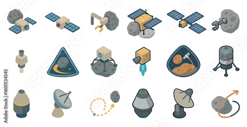 Space mission isometric icons set – satellite, asteroid, exploration visuals