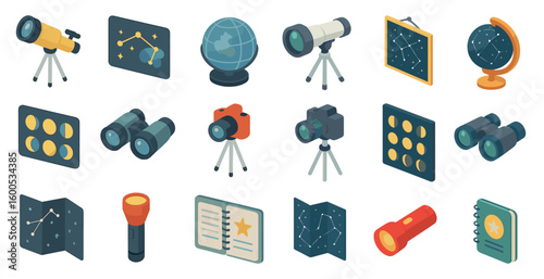 Astronomy and stargazing icons set - isometric, telescope, cosmic navigation symbols