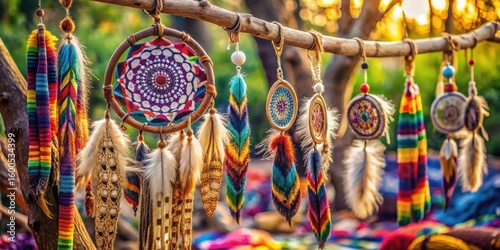A dreamcatcher hangs from a wooden branch amidst a colorful arrangement of Native American-inspired textiles and natural elements like feathers and stones