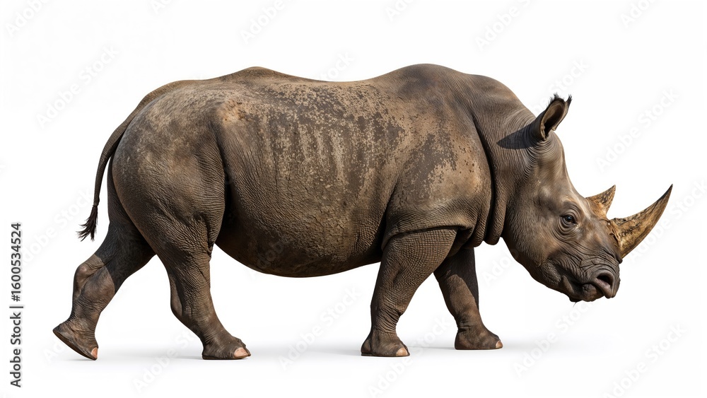 Fototapeta premium Close-up side perspective of a black rhino in motion with a white background