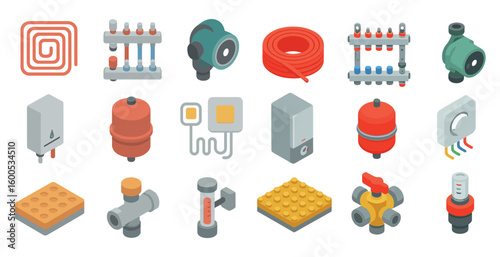 Plumbing and heating 3d icons set – pipes, valves, and equipment graphics