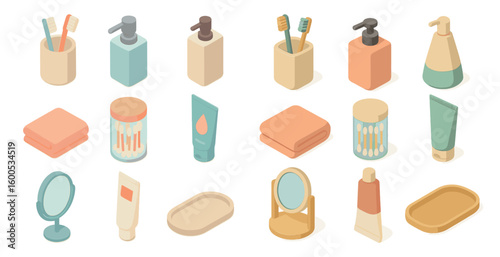 Personal hygiene isometric icons set – toiletries, bathroom essentials, grooming symbols