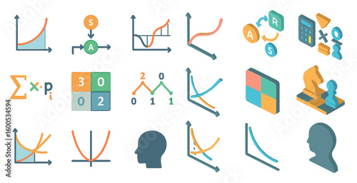 Mathematics and analytics icons set – isometric, flat, data and calculation symbols