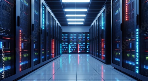 Secure server farm corridor with radiant electronic indicators and reflective flooring.
