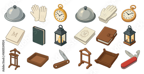 Elegant hotel silhouette icons set – isometric, hospitality, accommodation symbols