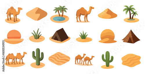 Desert and oasis flat icons set – filled, sand, camel and cactus illustrations