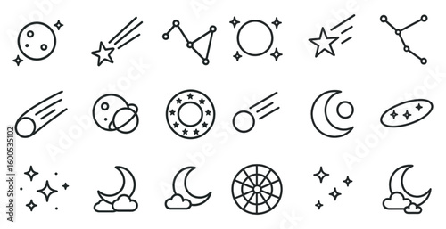Celestial outline icons set – stars, moon, and constellation symbols for design