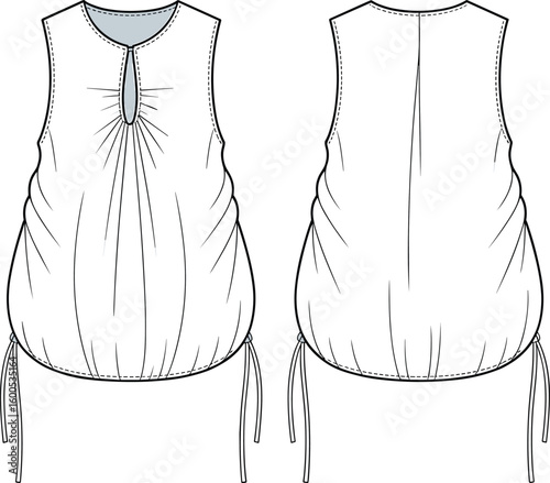 CAD drawing flat vector illustration of sleeveless top, scoop neckline, keyhole front, gathered sides, drawstring hem, fashion layout