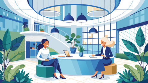 Two women in a modern office collaborate around a circular desk