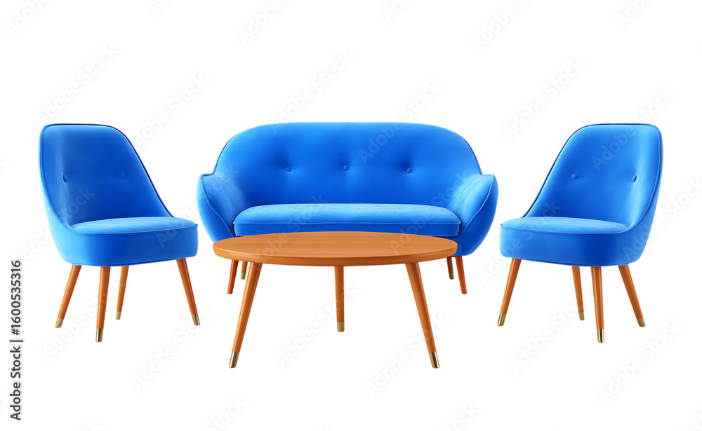 Obraz premium A blue sofa set with two single chairs and an armchair, isolated on a transparent background