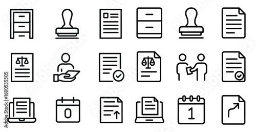 Legal and office outline icons set – documents, justice, business symbols