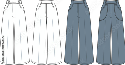 Wide leg jeans fashion cad, technical flat pants sketch, front and back view, pocket detail vector template, denim illustration design