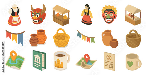 Cultural and traditional isometric icons set – heritage, festival, folklore symbols