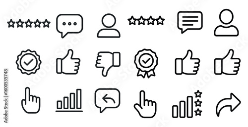 Customer feedback icons set in outline style – rating, reviews, communication symbols