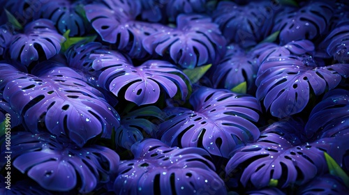 Monstera leaves in neon light and colors