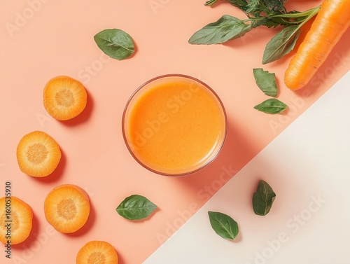 Organic carrot juice in a glass with raw sliced carrots and fresh greens, flat lay style.