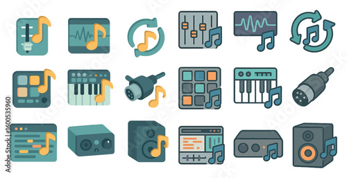 Music production icons set – filled, flat, audio and sound design symbols