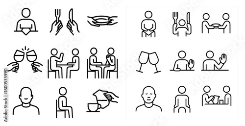 Dining etiquette outline icons set – line, table manners, meal conduct symbols