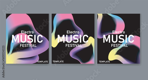  Electro Music Festival Poster Set with Colorful Abstract Gradient Shapes on Black Background – Modern Vibrant Design Templates for Party Flyers, Event Promotions, and Social Media