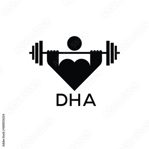 07Minimalist DHA Logo with Dumbbell and Strong Arm Silhouette - Fitness Icon Design. DHA Letter Logo.
