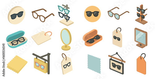 Eyewear and accessories solid icons set – filled, sunglasses, optical symbols