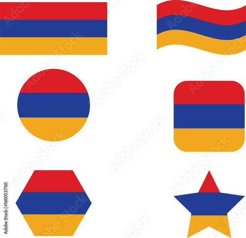 Armenia flag set of icons. Vector flag of Armenia, symbol. Set of Armenian flags in rectangle, waved, circle  and star .
