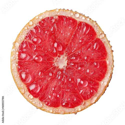 A juicy slice of pink grapefruit with water drops isolated on white isolated on transparent background