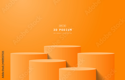 Empty orange clean room with set of five steps 3D cylinder podium pedestal or product display stand. 3D vector geometric platform design. Minimal wall scene for mockup. Stage for product presentation