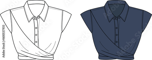 Stylish women’s wrap front crop top fashion flat sketch, cap sleeve, collared shirt design, vector apparel cad illustration