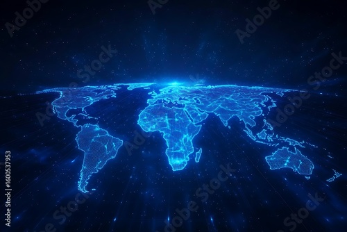 Glowing blue digital world map with interconnected lines and glowing points representing global data and technology on a dark background