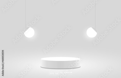 Minimal scene with white 3d cylinder podium or round stage for show product realistic and sphere light bulb hanging. Empty white color scene. 3d vector rendering design. clean 3d studio room