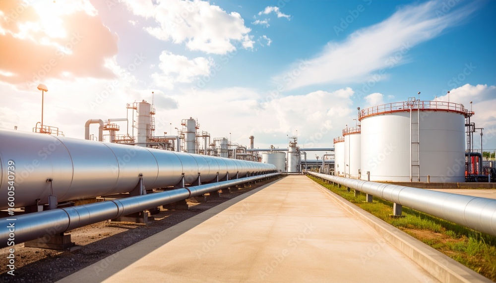 An industrial complex with complex piping and storage tanks from a chemical plant An industrial complex with complex piping and storage tanks from a chemical plant