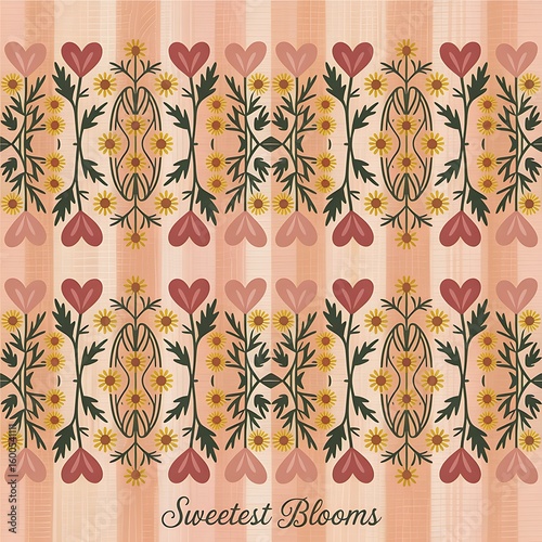 A repeating floral pattern with heartshaped flowers and small yellow blossoms on a striped peach background