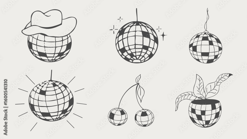 Obraz premium Disco ball y2k bachelorette party tattoo sketch. Disco ball with hat, vinyl, cherry disco set. Doodle shiny nightlife music illustration. Groovy 2000 party
