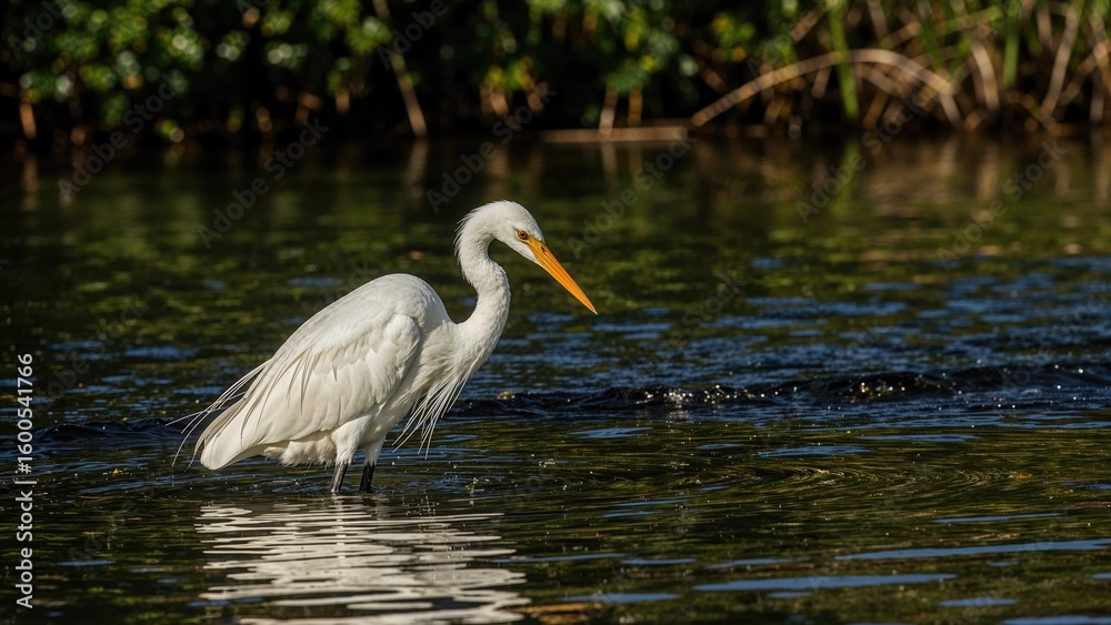Obraz premium Majestic egret hunting by the riverbank
