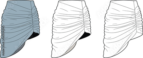 CAD drawing flat vector illustration of ruched skirt, stylish garment layout, front back views, fashion silhouette, design sketch, template