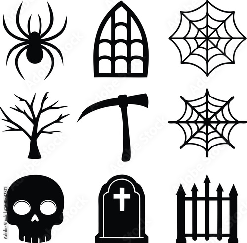 Spooky Halloween Icons Spider Web Tree Skull Tombstone Fence Pickaxe Gothic Window