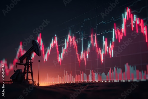 Ground drilling rig (pumping jack) for oil extraction, with energy and natural resources market quotations in the background