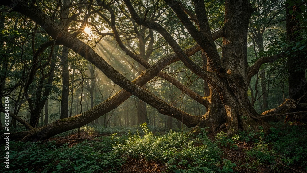 Obraz premium Dark woodland featuring towering trees and a collapsed tree above