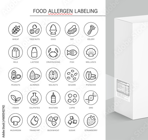 Food allergens set icon. Icons designed to represent the major food allergens clearly and effectively. The outline icons are well scalable and editable, good for different backgrounds. EPS10.