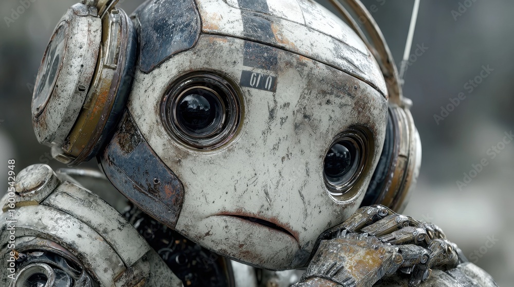 Naklejka premium Close-up of a cute orange and white Astromech Droid head with a light blue background