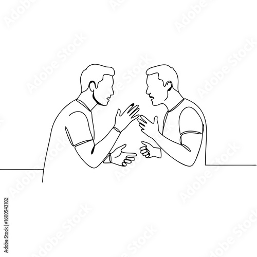 Two men arguing with expressive gestures in minimalist line art  