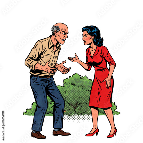 Angry couple arguing in a park with green background  