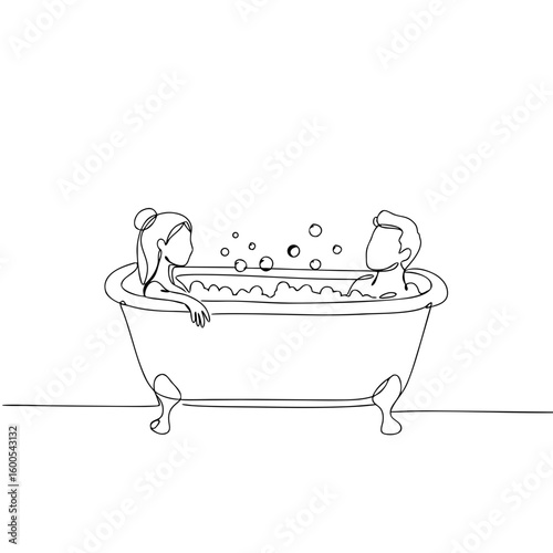 Couple enjoying a bubble bath in a vintage bathtub  