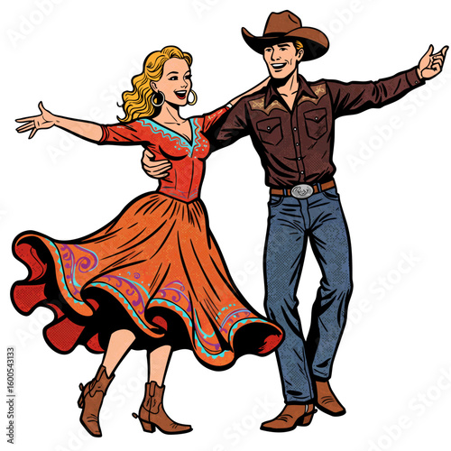Couple dancing in traditional western attire at country event  