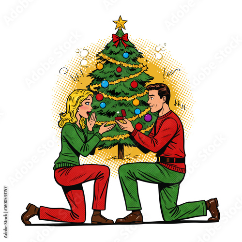 Couple kneeling by Christmas tree during holiday proposal  